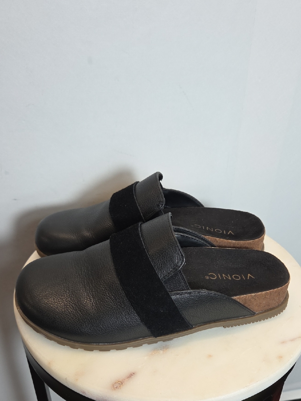 Vionic Black Leather & Suede Slip-On Mule Size 7.5